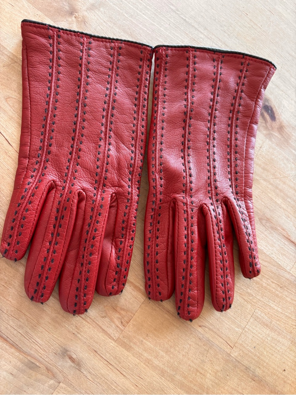 VINTAGE Jobis Red Leather Gloves Black Hand Stitched Detail S